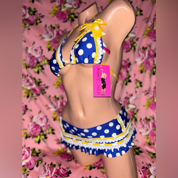 Betsey Johnson yellow blue bow polka dot bikini skirted bottom rockabilly pinup - Picture 7 of 9